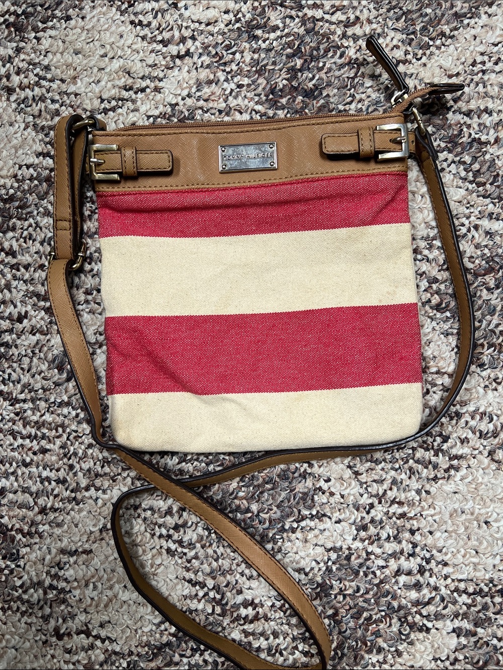 Tommy Hilfiger Red and Cream Striped Crossbody with Tan Trim